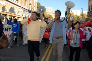 Three main leaders of the march at OccupyCal Strike