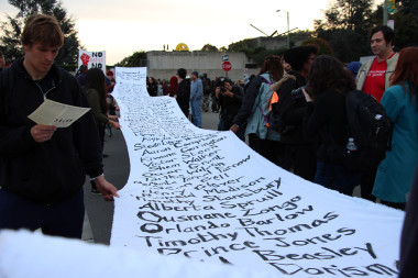 List of names of unarmed black men and women killed by police since 1999. Millions March Oakland. Photo: Wendy Goodfriend